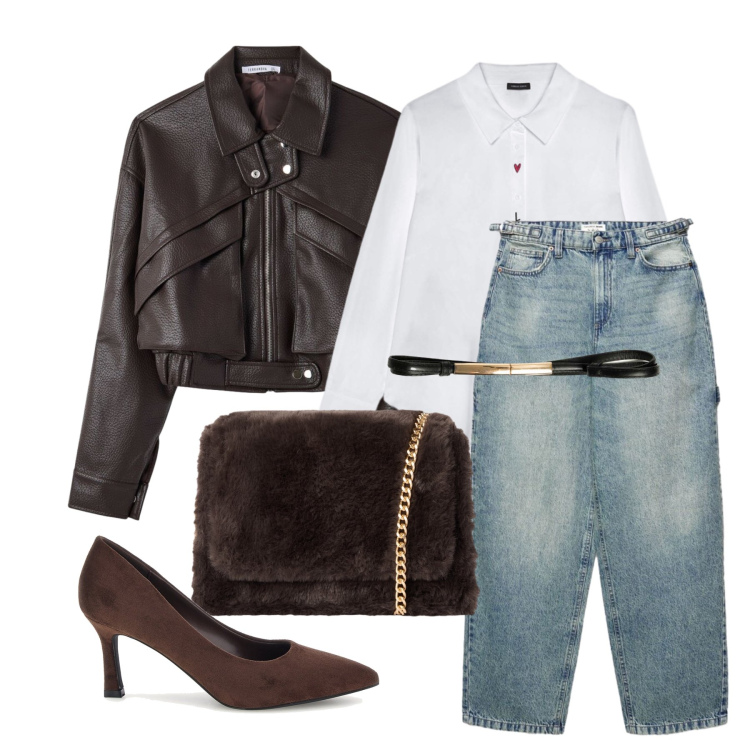 Outfit donna - Ottobre. Stile Casual chic per Tutti i giorni. Abbinamento con camicie, cinture, borse a tracolla, bomber, jeans dritti, décolleté.