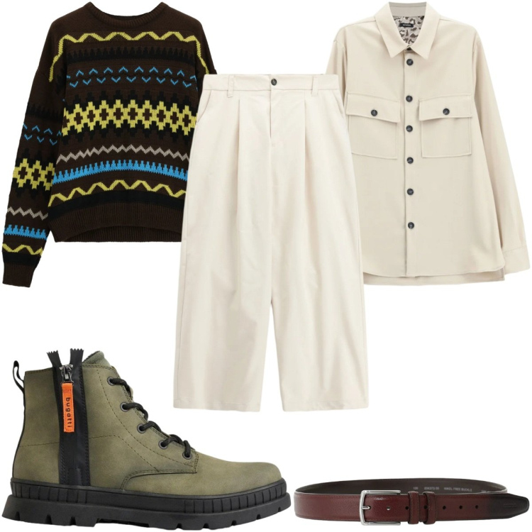 Outfit uomo - Total look #2494017. Stile Casual per Tutti i giorni. Abbinamento con pantaloni, cinture, maglieria, cappotti, stivali e stivaletti.