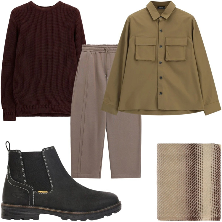 Outfit uomo - Total look #2494019. Stile Casual per Tutti i giorni. Abbinamento con pantaloni, sciarpe, maglieria, cappotti, stivali e stivaletti.