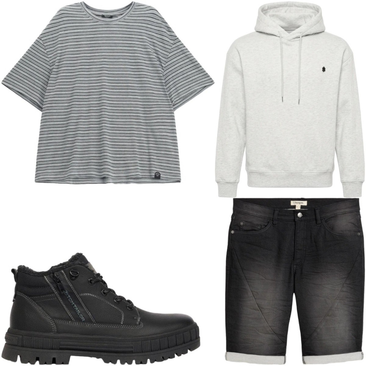 Outfit uomo - Total look #2494022. Stile Casual per Tutti i giorni. Abbinamento con t-shirt, felpe con cappuccio, bermuda, stivali e stivaletti.