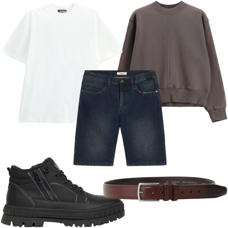 Outfit uomo - Total look #2494025. Stile Casual per Tutti i giorni. Abbinamento con cinture, felpe, t-shirt, bermuda, stivali e stivaletti.