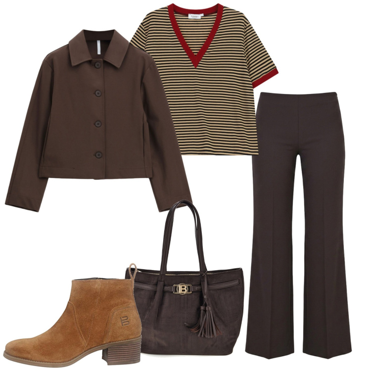 Outfit donna - La Capsule Wardrobe. Stile Casual per Tutti i giorni. Abbinamento con cappotti, t-shirt, pantaloni, stivaletti, shopping bag.