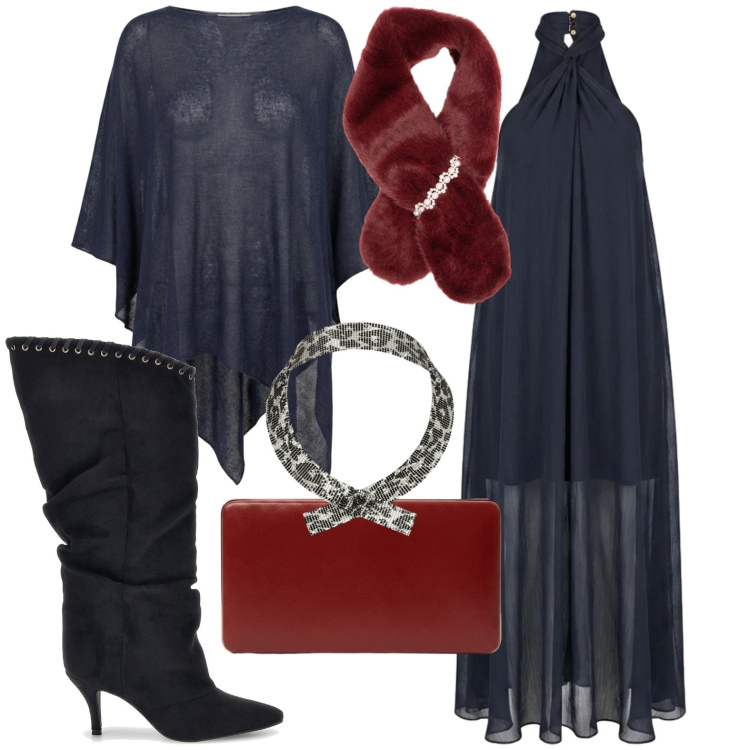 Outfit donna - Halloween. Stile Glamour per Serata fuori. Abbinamento con vestiti midi/longuette, sciarpe, cappotti, pochette, collane, stivali sopra il ginocchio.