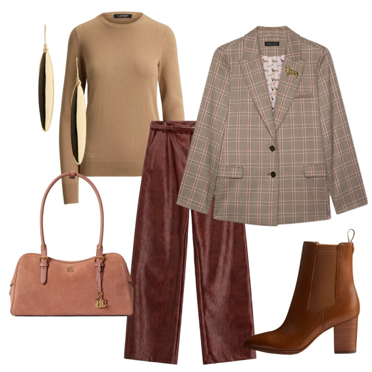 Outfit donna - Weekend Out of Town. Stile Chic per Tutti i giorni. Abbinamento con pantaloni, blazer, borse a mano, maglieria, orecchini, stivaletti.
