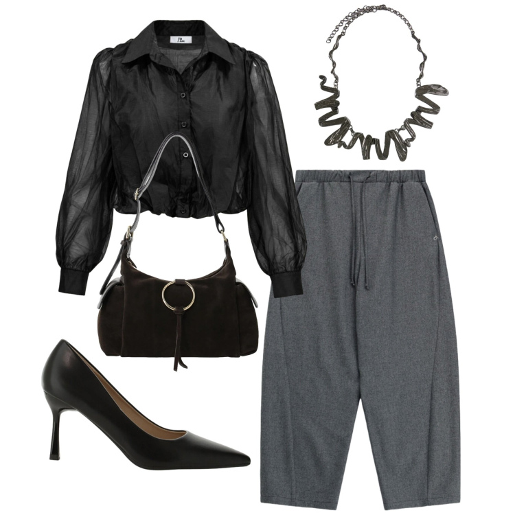 Outfit donna - Serata grey. Stile Chic per Serata fuori. Abbinamento con camicie, décolleté, borse a spalla, ciondoli, pantaloni.