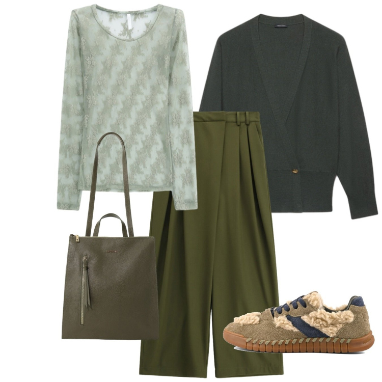 Outfit donna - Multitasking. Stile Basic per Tutti i giorni. Abbinamento con t-shirt, borse a tracolla, cardigans, pantaloni a palazzo, sneakers.