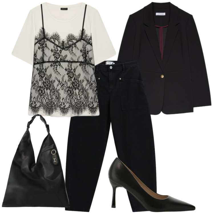 Outfit donna - Serata finto pizzo. Stile Casual chic per Serata fuori. Abbinamento con décolleté, borse a spalla, t-shirt, blazer, pantaloni.