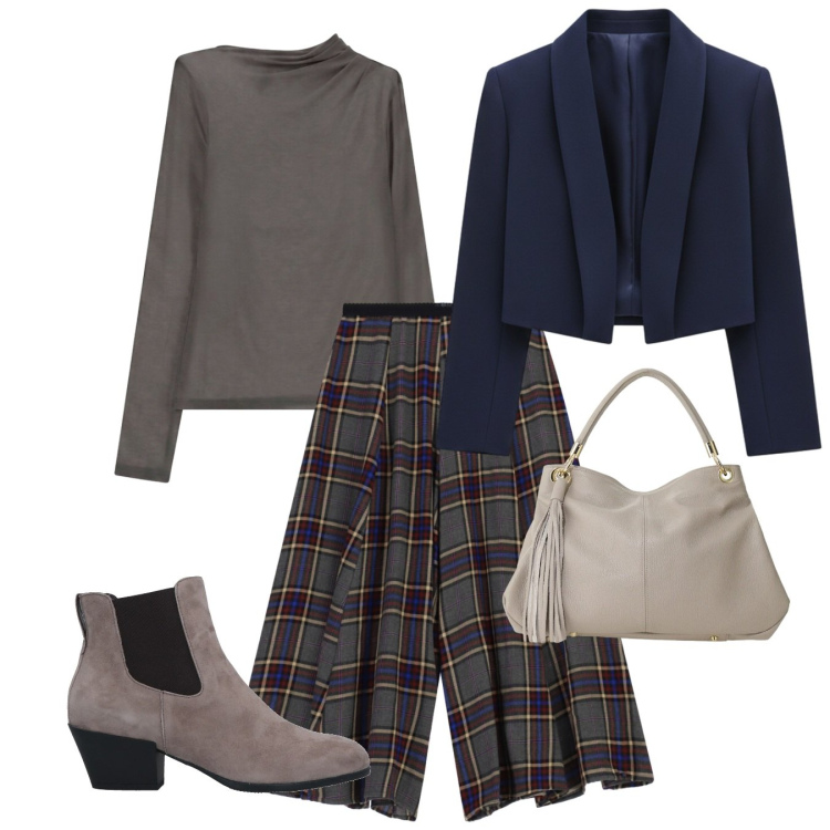 Outfit donna - Tartan autunno. Stile Chic per Tutti i giorni. Abbinamento con t-shirt, borse a spalla, pantaloni culotte, bolero, stivaletti chelsea.