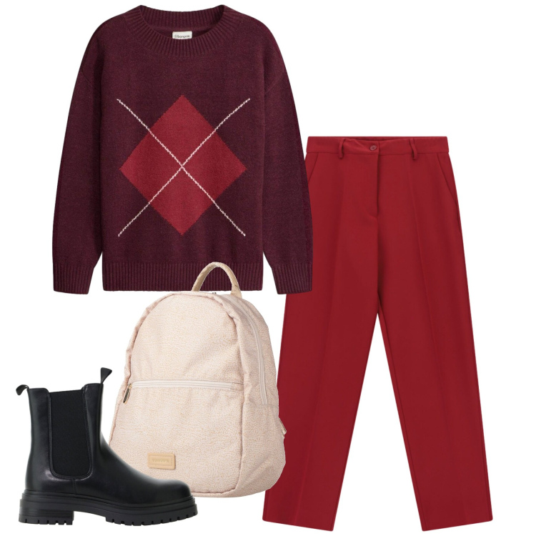 Outfit donna - Un weekend. Stile Casual per Tutti i giorni. Abbinamento con stivaletti chelsea, pantaloni, zaini, maglieria.