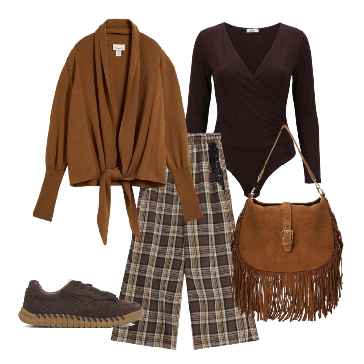 Outfit donna - Tonalità wood. Stile Basic per Tutti i giorni. Abbinamento con body, borse a spalla, pantaloni a palazzo, cardigans, sneakers.