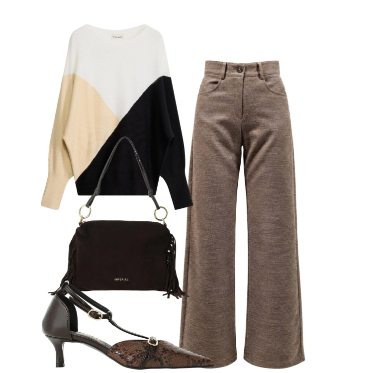 Outfit donna - Chic e basic. Stile Chic per Tutti i giorni. Abbinamento con pantaloni, décolleté, borse a spalla, maglieria.