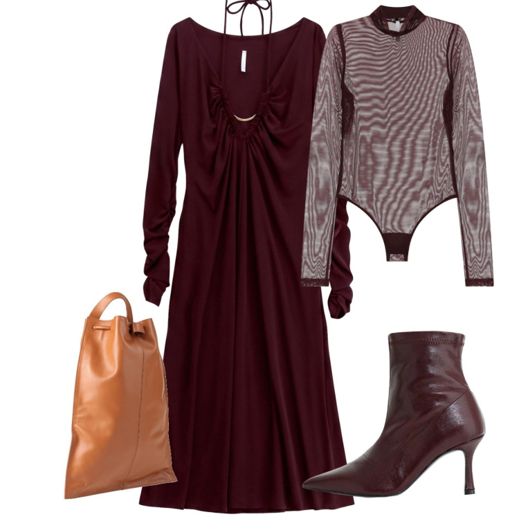 Outfit donna - Body wine. Stile Chic per Serata fuori. Abbinamento con zaini, stivaletti, body, vestiti midi/longuette.