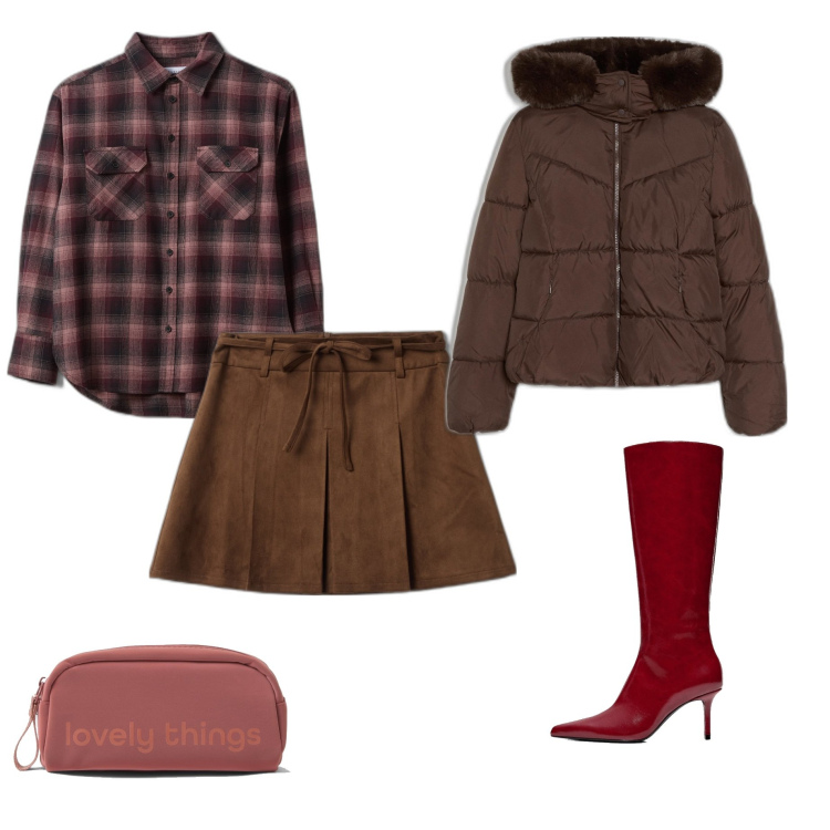 Outfit mujer - Preppy #735. Estilo Preppy para Todos los días. Combinación con maletas, blazers, faldas, camisas, botas.