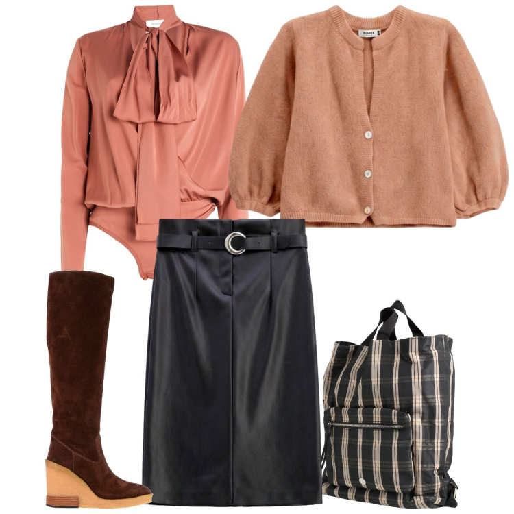 Outfit donna - Caramellosa. Stile Chic per Ufficio. Abbinamento con gonne longuette, cardigans, stivali, body, zaini.
