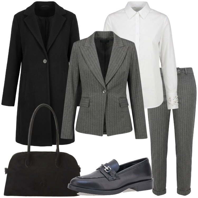 Outfit donna - La Capsule Wardrobe. Stile Mannish per Ufficio. Abbinamento con borse a spalla, blazer, pantaloni, camicie, cappotti, mocassini.
