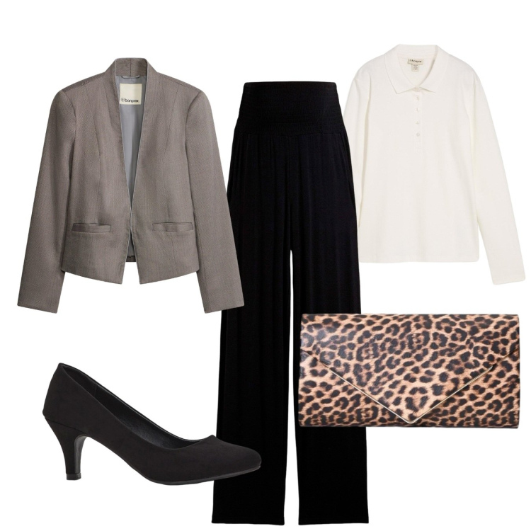 Outfit donna - Vita altissima. Stile Chic per Ufficio. Abbinamento con pochette, décolleté, pantaloni, polo, blazer.