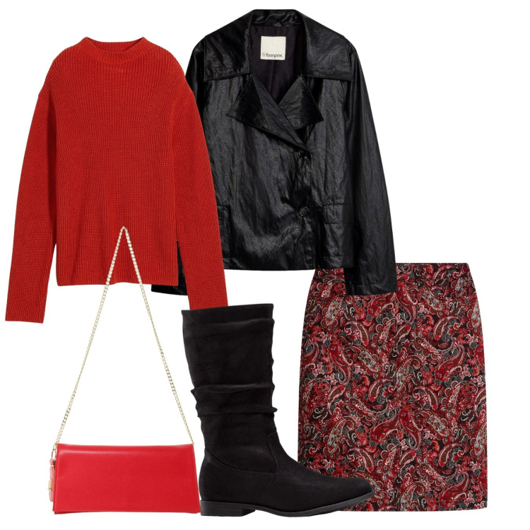 Outfit donna - Rouge et noir. Stile Chic per Tutti i giorni. Abbinamento con borse a tracolla, maglieria, gonne, stivali, blazer.
