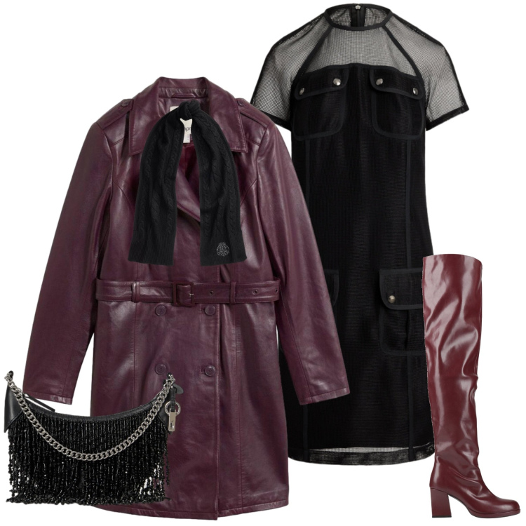 Outfit donna - Halloween movie. Stile Casual chic per Serata fuori. Abbinamento con vestiti, borse a spalla, sciarpe, stivali sopra il ginocchio, trench.