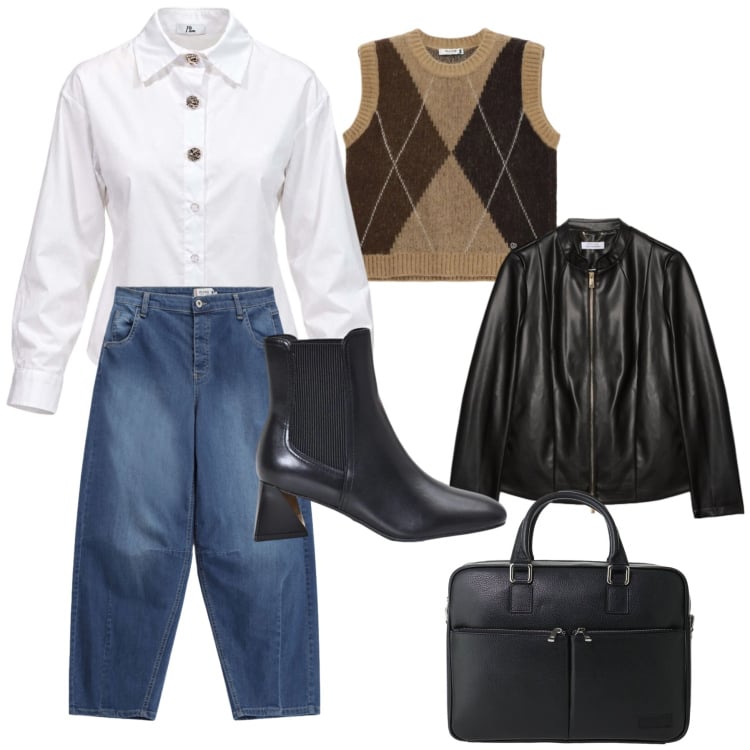 Outfit donna - Vado In ufficio. Stile Casual chic per Ufficio. Abbinamento con camicie, borse messenger, giacche, maglieria, jeans, stivaletti.