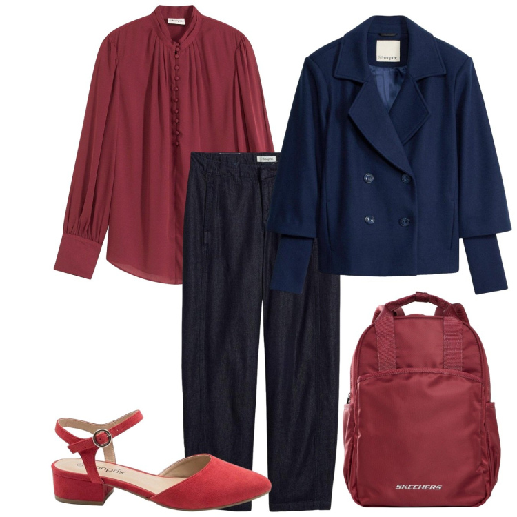Outfit donna - Linee morbide. Stile Bon Ton per Ufficio. Abbinamento con jeans, caban, décolleté, zaini, bluse.