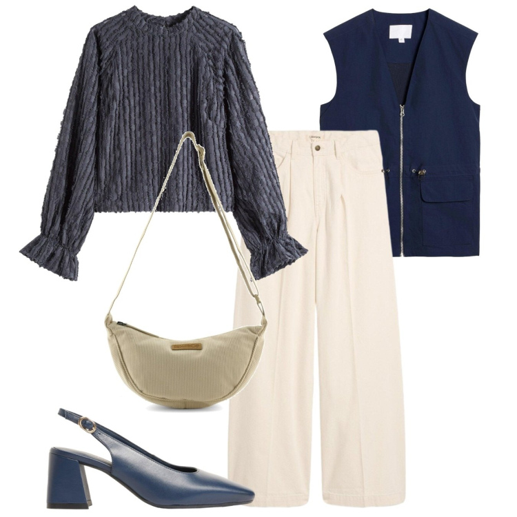 Outfit donna - Intramontabile blu. Stile Bon Ton per Tutti i giorni. Abbinamento con gilet, borse a tracolla, bluse, jeans, décolleté.
