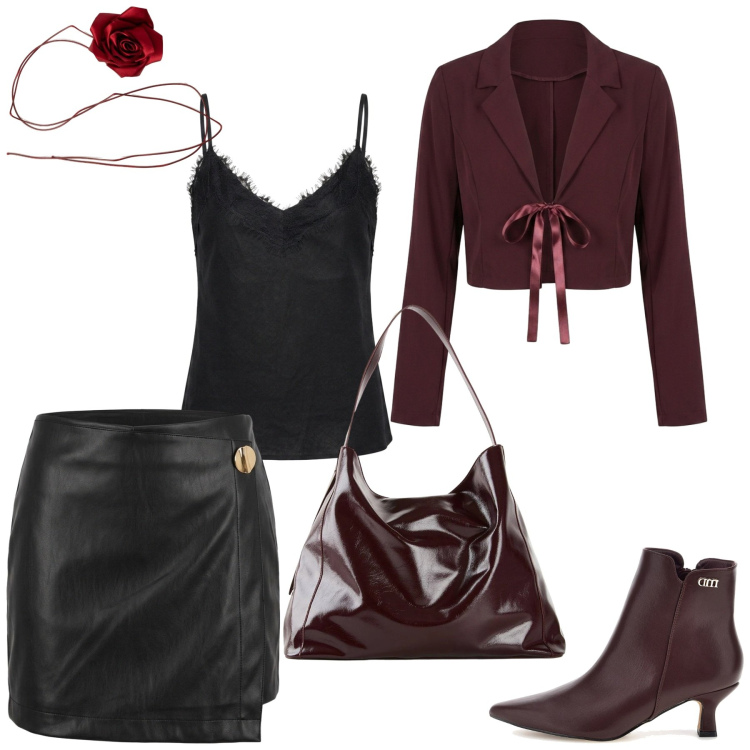 Outfit donna - Ispirazione Halloween. Stile Rock per Serata fuori. Abbinamento con blazer, top, minigonne, collane, shopping bag, stivaletti.