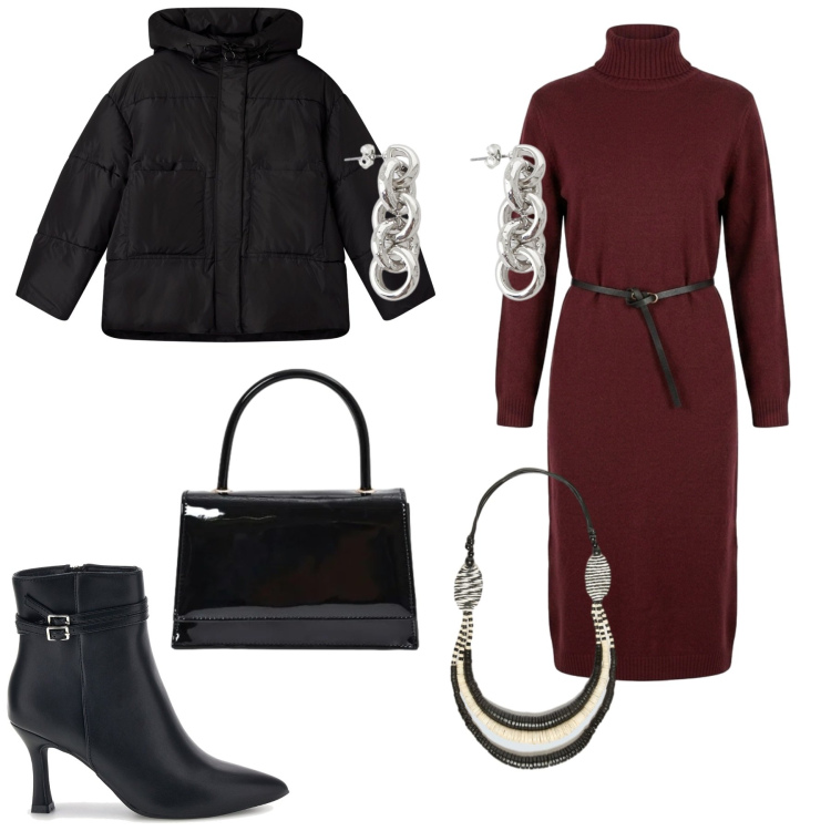 Outfit donna - Halloween movie. Stile Casual chic per Serata fuori. Abbinamento con collane, borse a mano, orecchini, vestiti midi/longuette, bomber, stivaletti.