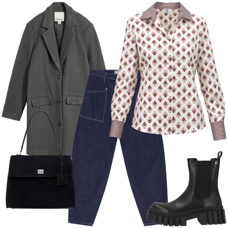 Outfit donna - Total look #2494185. Stile Casual chic per Tutti i giorni. Abbinamento con camicie, borse a mano, jeans, stivaletti, cappotti.