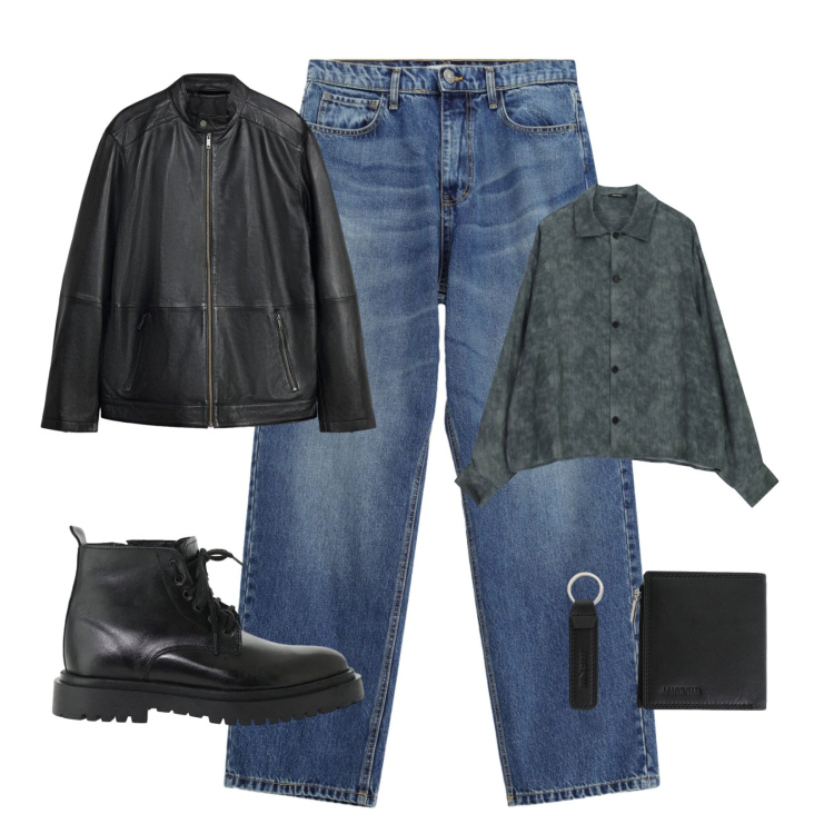 Outfit uomo - Denim e leather. Stile Biker Rock per Tutti i giorni. Abbinamento con jeans, anfibi, camicie, portafogli, giacche.