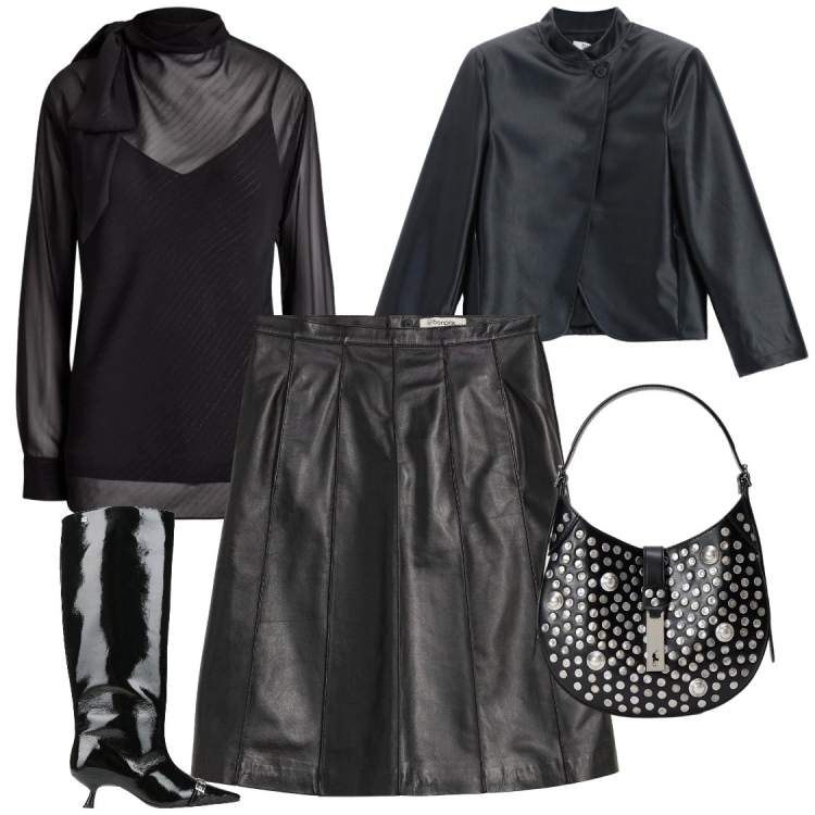 Outfit donna - Dolcetto o scherzetto?. Stile Glamour per Serata fuori. Abbinamento con blazer, bluse, borse a spalla, stivali, gonne.