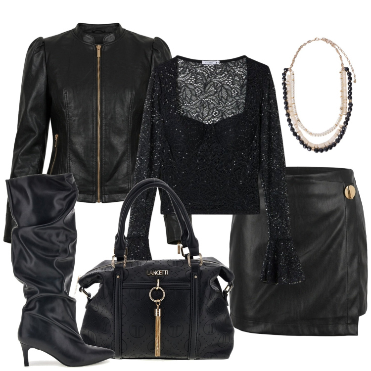 Outfit donna - Halloween night. Stile Rock per Serata fuori. Abbinamento con collane, minigonne, giacche, top, borse a mano, stivali.