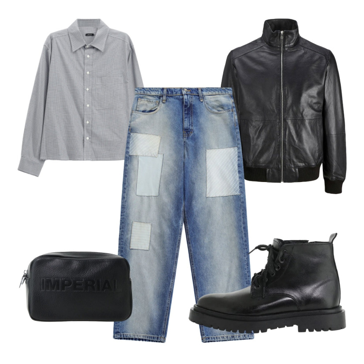 Outfit uomo - Giubbotto in pelle. Stile Urban per Tutti i giorni. Abbinamento con jeans, camicie, anfibi, portafogli, giacche.