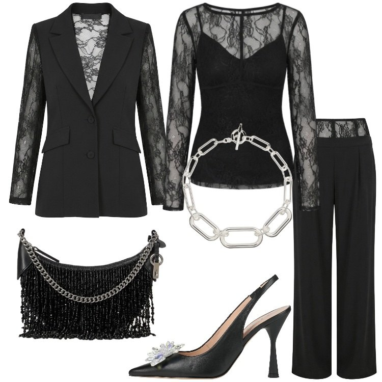 Outfit donna - Halloween movie icons. Stile Glamour per Serata fuori. Abbinamento con borse a spalla, collane, pantaloni a palazzo, blazer, bluse, décolleté.