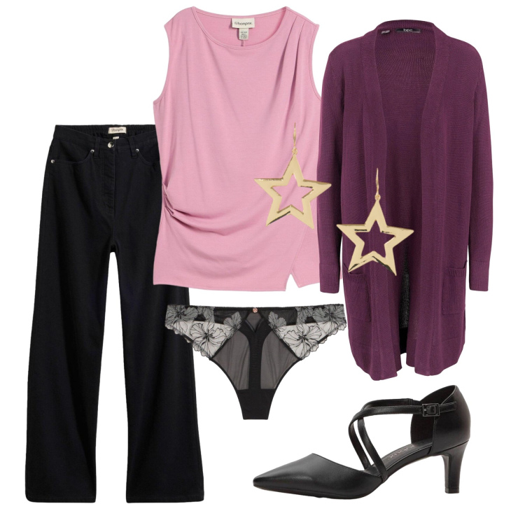 Outfit donna - Il cardigan lungo. Stile Bon Ton per Serata fuori. Abbinamento con orecchini, cardigans, décolleté, top, perizomi, pantaloni.