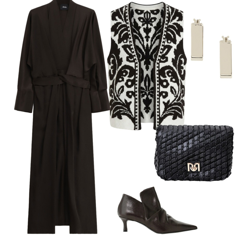 Outfit donna - Festa e cena. per Serata fuori. Abbinamento con stivaletti, orecchini, gilet, borse a tracolla, vestiti lunghi.
