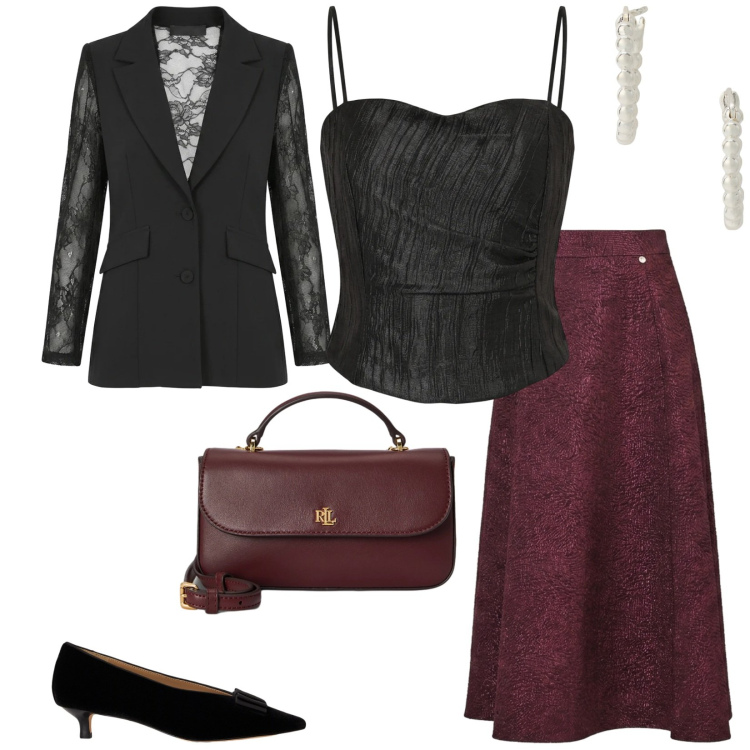 Outfit donna - Con te a lume di candela. per Serata fuori. Abbinamento con orecchini, borse a mano, décolleté, top, blazer, gonne longuette.