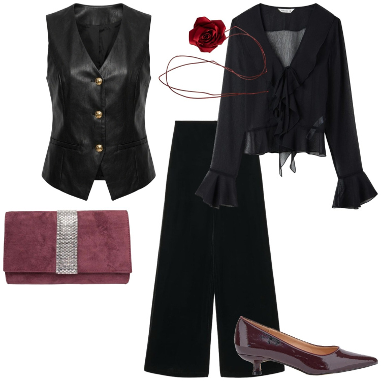 Outfit donna - Halloween party. per Serata fuori. Abbinamento con gilet, collane, clutch, bluse, pantaloni a palazzo, décolleté.