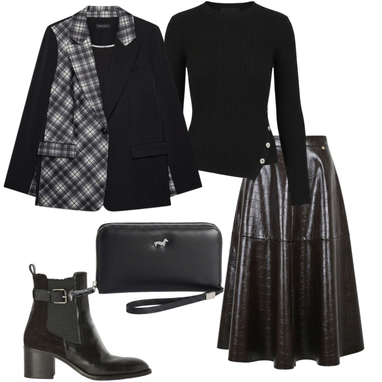 Outfit donna - Aperitivo glam. Stile Glamour per Serata fuori. Abbinamento con portafogli, stivaletti, blazer, maglieria, gonne longuette.