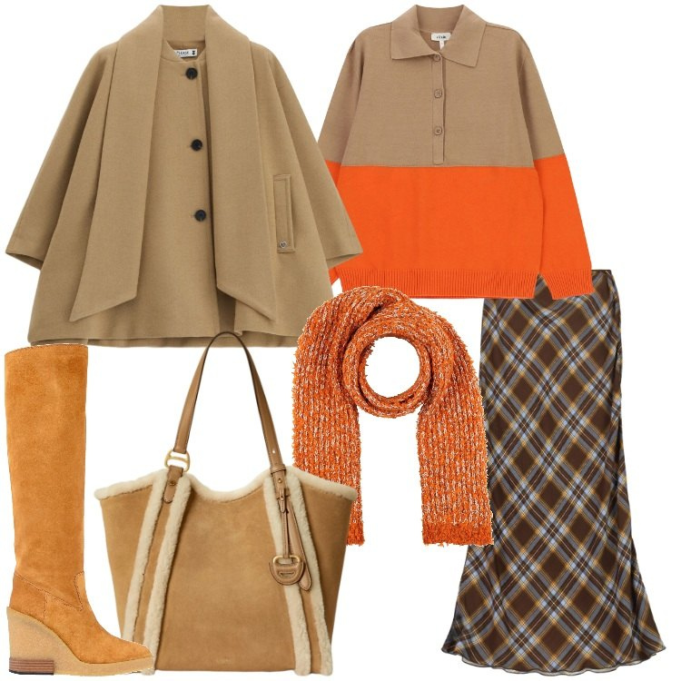 Outfit donna - Weekend Out of Town. Stile Urban per Tutti i giorni. Abbinamento con borse tote, cappotti, gonne lunghe, maglieria, sciarpe, stivali.