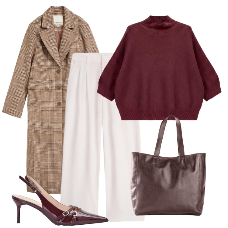 Outfit donna - Total look #2494246. Stile Casual chic per Ufficio. Abbinamento con maglieria, décolleté, pantaloni, cappotti, shopping bag.