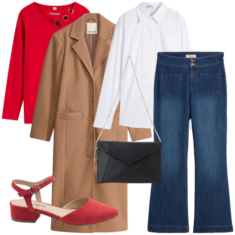Outfit donna - Total look #2494250. Stile Casual chic per Tutti i giorni. Abbinamento con borse a tracolla, jeans a zampa, maglieria, camicie, décolleté, cappotti.