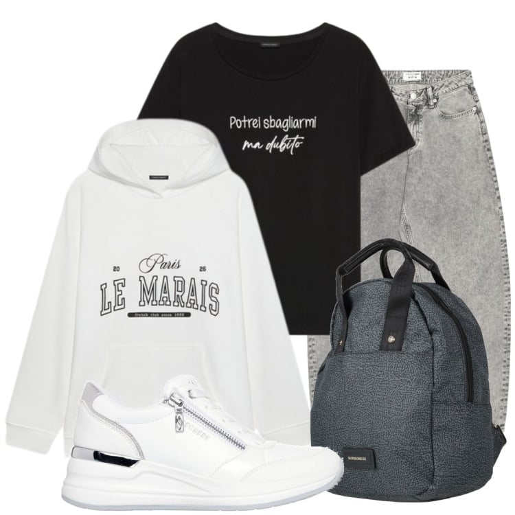 Outfit donna - Weekend in montagna. per Sport. Abbinamento con felpe con cappuccio, t-shirt, zaini, jeans, sneakers alte.