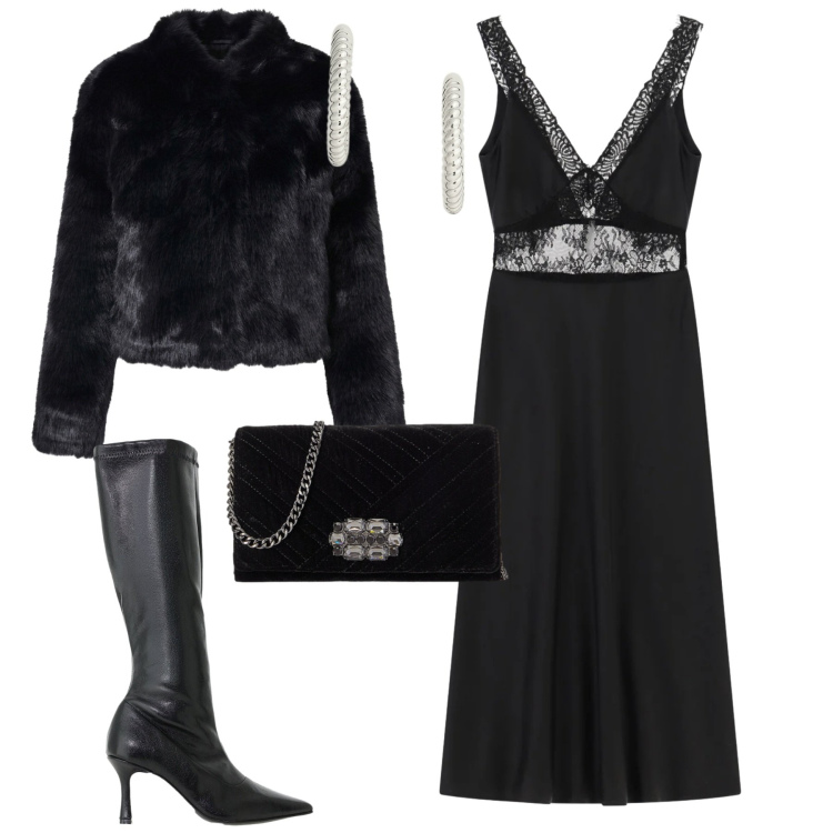 Outfit donna - Halloween movie icons: Gothic glam and M. Stile Glamour per Serata fuori. Abbinamento con vestiti midi/longuette, stivali, orecchini, borse a tracolla, blazer.