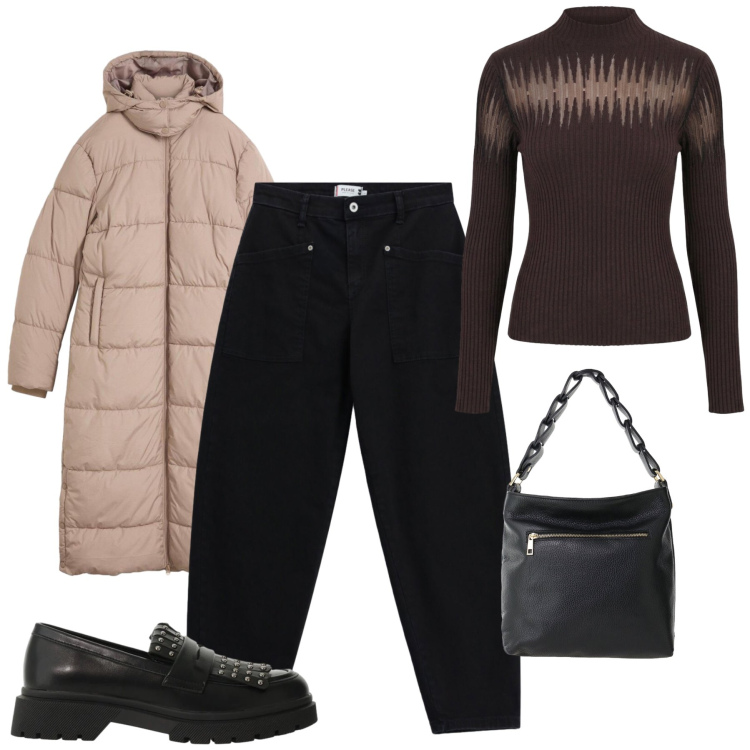 Outfit donna - Total look #2494266. Stile Casual chic per Tutti i giorni. Abbinamento con borse a spalla, mocassini, pantaloni, pullovers, piumini.