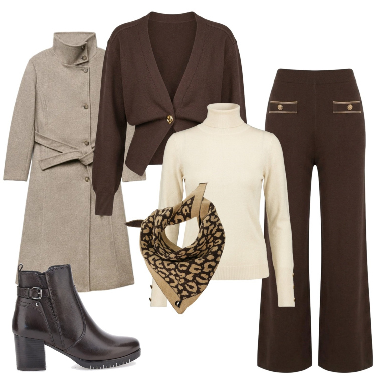 Outfit donna - Capsule wardrobe. Stile Urban per Tutti i giorni. Abbinamento con foulard, cardigans, pantaloni, pullovers, cappotti, stivaletti.