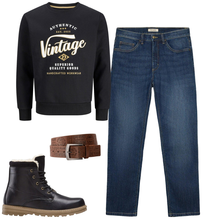 Outfit uomo - Total look #2494272. Stile Casual per Tutti i giorni. Abbinamento con stivali e stivaletti, cinture, jeans dritti, felpe.