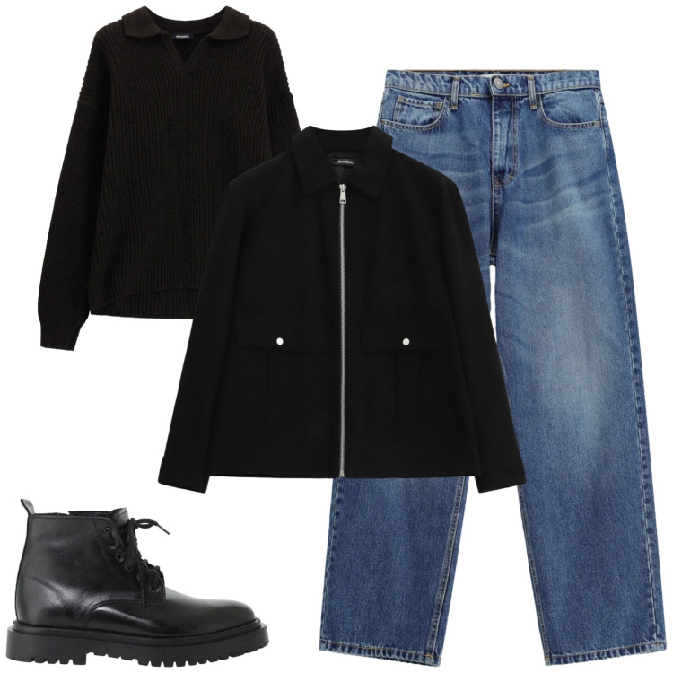 Outfit uomo - City. Stile Urban per Tutti i giorni. Abbinamento con maglieria, cappotti, jeans, anfibi.