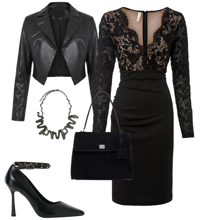 Outfit donna - Cena romantica d'autunno. Stile Glamour per Serata fuori. Abbinamento con décolleté, borse a mano, ciondoli, blazer, vestiti corti.