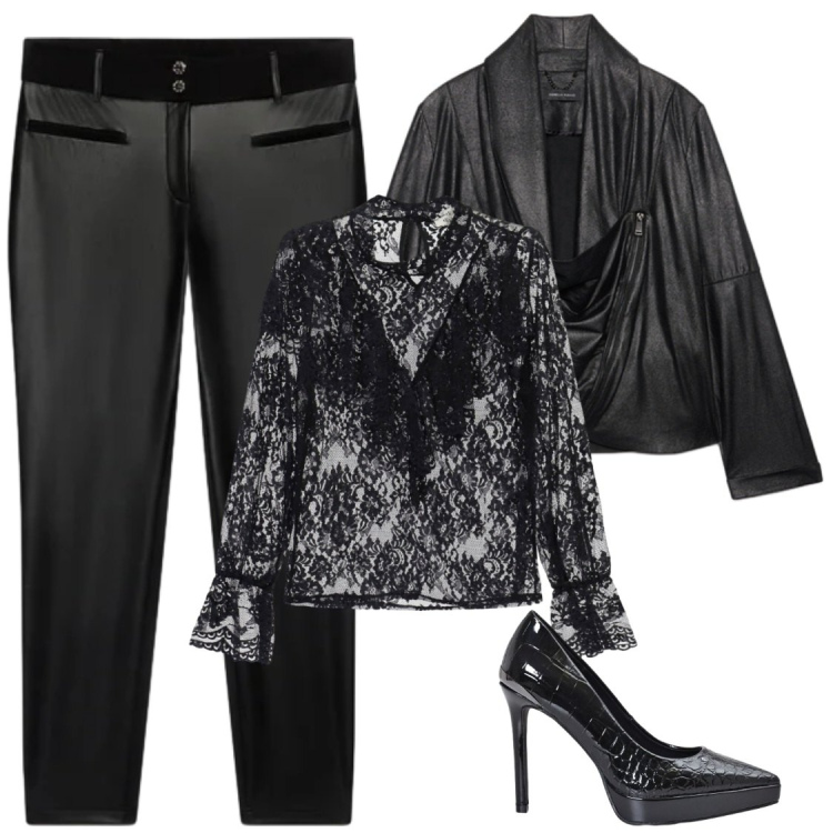 Outfit donna - Ragnatele. Stile Glamour per Serata fuori. Abbinamento con pantaloni skinny, blazer, décolleté, bluse.