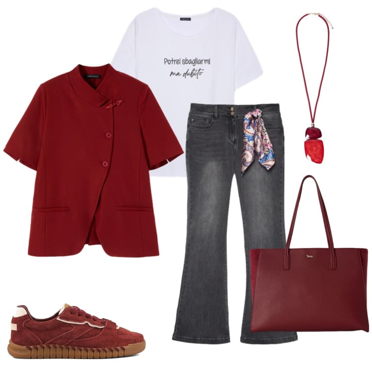 Outfit donna - Rosso energizzante. Stile Casual per Tutti i giorni. Abbinamento con shopping bag, blazer, jeans, t-shirt, ciondoli, sneakers.